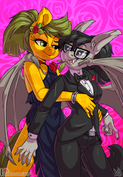 Size: 2800x4000 | Tagged: safe, artist:atryl, derpibooru import, oc, oc:pepper slice, oc:titty sprinkles, unofficial characters only, anthro, bat pony, earth pony, abstract background, anthro oc, clothes, commission, crossdressing, dress, fangs, female, femboy, flower, flower in mouth, glasses, high res, image, male, mouth hold, oc x oc, png, rose, rose in mouth, shipping, straight, tuxedo