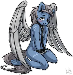 Size: 2055x2133 | Tagged: suggestive, artist:atryl, derpibooru import, oc, oc:long jump, unofficial characters only, anthro, pegasus, unguligrade anthro, artificial wings, augmented, blushing, collar, high res, image, kneeling, leash, looking at you, male, nudity, png, simple background, solo, solo male, spread wings, transparent background, wings
