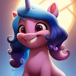 Size: 4096x4096 | Tagged: safe, ai content, derpibooru import, machine learning generated, stable diffusion, izzy moonbow, pony, unicorn, g5, my little pony: a new generation, absurd resolution, age difference, alternate hairstyle, beautiful, beautiful hair, big smile, bow, child, children, curvy, cute, cute face, female, filly, generator:pony diffusion v6 xl, generator:purplesmart.ai, girly, good girl, good girl izzy (g5), grin, hair, hairstyle, happy, horn, image, izzybetes, long hair, multicolored hair, open smile, png, ponytail, prompter:lerkyboy, smiling, solo, solo female, teenage izzy moonbow, teenager, teeth, whited teeth