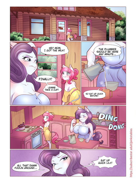 Size: 1489x2000 | Tagged: safe, artist:pinkstables, derpibooru import, oc, oc:lauren meadows, oc:lily meadows, anthro, earth pony, series:pink stables, breasts, clothes, coffee, coffee mug, comic, dialogue, female, image, milf, morning ponies, mother and child, mother and daughter, mug, off shoulder, png, sideboob, sleeveless
