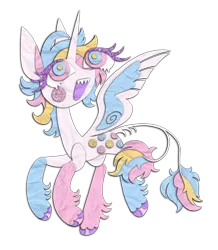 Size: 1420x1628 | Tagged: safe, artist:webkinzworldz, derpibooru import, oc, oc:dreamie (webkinzworldz), unofficial characters only, alicorn, alicorn oc, ambiguous gender, big eyes, blushing, coat markings, colored eyelashes, colored hooves, colored pinnae, colored wings, dots, double tail, fangs, horn, image, leg fluff, leonine tail, long horn, long legs, looking up, multicolored eyes, multicolored mane, multicolored tail, multiple tails, open mouth, open smile, png, sharp teeth, shiny hoof, simple background, smiling, socks (coat marking), solo, spread wings, tail, teeth, transparent background, two toned wings, wingding eyes, wings