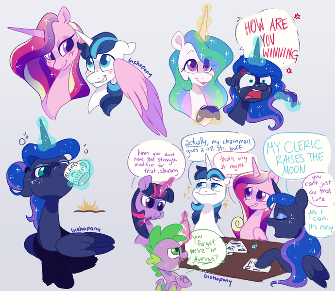 Size: 2300x2000 | Tagged: safe, artist:bishopony, derpibooru import, princess cadance, princess celestia, princess luna, shining armor, spike, twilight sparkle, twilight sparkle (alicorn), alicorn, dragon, pony, unicorn, alternate hairstyle, blame my sister, blush scribble, blushing, bust, clothes, coffee mug, controller, cross-popping veins, dialogue, drink, drinking, emanata, eye clipping through hair, eyes closed, female, floppy ears, freckles, glow, glowing horn, gradient background, grin, group, hair bun, high res, horn, hug, image, looking at each other, looking at someone, male, mare, mug, png, ship:shiningcadance, shipping, shirt, signature, smiling, sparkles, speech bubble, stallion, straight, sunrise, tabletop game, winged spike, winghug, wings, yelling