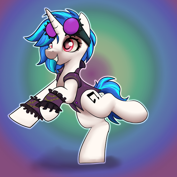 Size: 3000x3000 | Tagged: safe, artist:dumbwoofer, derpibooru import, vinyl scratch, pony, unicorn, clothes, dancing, eyeshadow, female, goggles, gradient background, horn, image, jacket, makeup, mare, png, red eyes, smiling, solo, steampunk