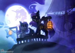Size: 4000x2800 | Tagged: safe, alternate version, artist:atryl, derpibooru import, oc, unofficial characters only, bat pony, pony, bat pony oc, bat wings, commission, duo, female, females only, full moon, high res, image, lantern, mare in the moon, moon, night, open mouth, png, ship, wings