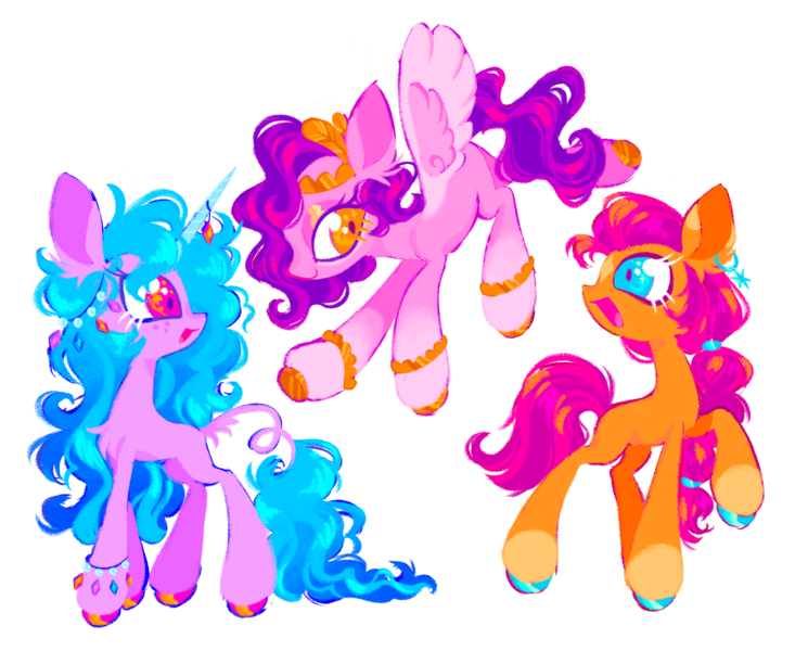 Size: 2047x1648 | Tagged: safe, artist:webkinzworldz, derpibooru import, izzy moonbow, pipp petals, sunny starscout, earth pony, pegasus, pony, unicorn, g5, alternate design, alternate eye color, bangles, big ears, big eyes, blue eyes, blue mane, blue tail, bracelet, braid, braided ponytail, coat markings, colored eartips, colored hooves, colored horn, colored pinnae, colored wings, concave belly, crown, ear fluff, eyelashes, eyeshadow, facial markings, female, flying, freckles, hair accessory, horn, horn jewelry, image, jewelry, leonine tail, lidded eyes, long horn, long legs, long mane, long neck, long tail, looking at each other, looking at someone, makeup, mare, multicolored mane, multicolored tail, open mouth, open smile, orange coat, orange eyes, pink coat, pink eyes, pink mane, pink tail, png, ponytail, profile, purple coat, purple mane, purple tail, redraw, regalia, shiny hoof, simple background, slender, smiling, snip (coat marking), socks (coat marking), sparkly eyes, spread wings, star (coat marking), tail, tail fluff, tall, thin, tiara, tied mane, trio, trio female, two toned wings, wall of tags, white background, wingding eyes, wings