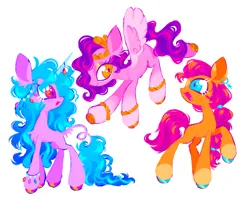 Size: 2047x1648 | Tagged: safe, artist:webkinzworldz, derpibooru import, izzy moonbow, pipp petals, sunny starscout, earth pony, pegasus, pony, unicorn, g5, alternate design, alternate eye color, bangles, big ears, big eyes, blue eyes, blue mane, blue tail, bracelet, braid, braided ponytail, coat markings, colored eartips, colored hooves, colored horn, colored pinnae, colored wings, concave belly, crown, ear fluff, eyelashes, eyeshadow, facial markings, female, flying, freckles, hair accessory, horn, horn jewelry, image, jewelry, leonine tail, lidded eyes, long horn, long legs, long mane, long neck, long tail, looking at each other, looking at someone, makeup, mare, multicolored mane, multicolored tail, open mouth, open smile, orange coat, orange eyes, pink coat, pink eyes, pink mane, pink tail, png, ponytail, profile, purple coat, purple mane, purple tail, redraw, regalia, shiny hoof, simple background, slender, smiling, snip (coat marking), socks (coat marking), sparkly eyes, spread wings, star (coat marking), tail, tail fluff, tall, thin, tiara, tied mane, trio, trio female, two toned wings, wall of tags, white background, wingding eyes, wings