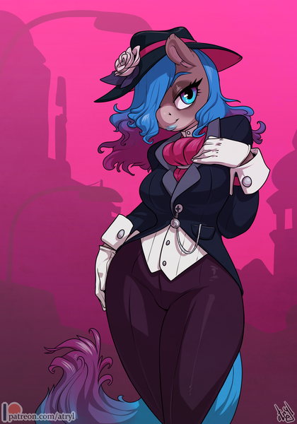 Size: 2800x4000 | Tagged: safe, artist:atryl, derpibooru import, oc, oc:fairy floss, unofficial characters only, anthro, earth pony, abstract background, anthro oc, city, clothes, commission, cravat, cuffs (clothes), digital art, female, flower, gloves, hair over one eye, hat, high res, image, patreon, patreon logo, png, smiling, solo, suit, vest