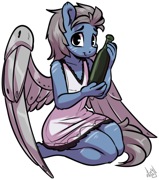 Size: 2303x2606 | Tagged: safe, artist:atryl, derpibooru import, oc, oc:long jump, unofficial characters only, anthro, pegasus, unguligrade anthro, artificial wings, augmented, bottle, clothes, crossdressing, dress, high res, holding, image, kneeling, looking at you, male, png, simple background, smiling, solo, spread wings, transparent background, wings