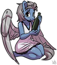 Size: 2303x2606 | Tagged: safe, artist:atryl, derpibooru import, oc, oc:long jump, unofficial characters only, anthro, pegasus, unguligrade anthro, artificial wings, augmented, bottle, clothes, crossdressing, dress, high res, holding, image, kneeling, looking at you, male, png, simple background, smiling, solo, spread wings, transparent background, wings