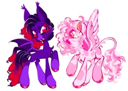 Size: 2048x1457 | Tagged: safe, artist:webkinzworldz, derpibooru import, oc, unnamed oc, unofficial characters only, bat pony, pegasus, pony, ambiguous gender, art trade, bat pony oc, bat wings, big ears, big eyes, blush scribble, blushing, chest fluff, cloven hooves, colored ears, colored hooves, colored muzzle, colored pinnae, colored wings, couple, curly mane, curly tail, cute, cute little fangs, dreadlocks, duo, ear tufts, fangs, floppy ears, hair accessory, height difference, image, leonine tail, long legs, looking at each other, looking at someone, multicolored mane, multicolored tail, multicolored wings, open mouth, open smile, pegasus oc, pink coat, pink mane, pink tail, png, purple coat, raised hoof, red eyes, shiny hoof, simple background, slit pupils, smiling, smiling at each other, sparkly eyes, splotches, spread wings, standing, tail, tail fluff, two toned mane, two toned tail, two toned wings, wall of tags, white background, wingding eyes, wings