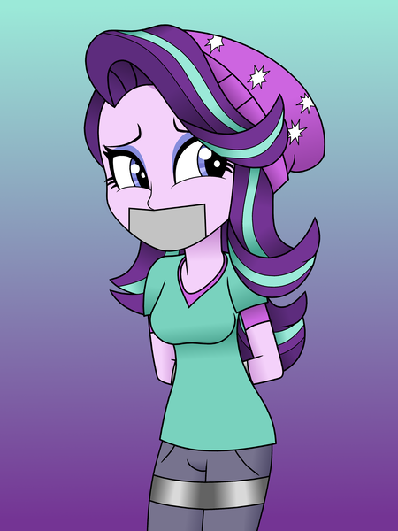 Size: 3000x4000 | Tagged: suggestive, artist:brokenadam, derpibooru import, starlight glimmer, equestria girls, beanie hat, equestria girls-ified, femsub, g4, gag, high res, image, png, sublight glimmer, submissive, tape, tape gag, tied hands