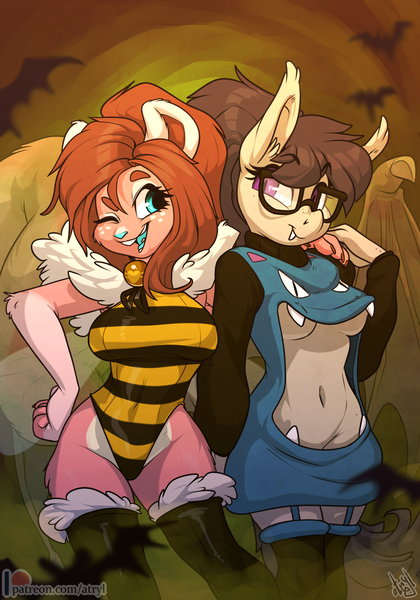 Size: 2800x4000 | Tagged: suggestive, artist:atryl, derpibooru import, oc, oc:sugarbees, oc:titty sprinkles, anthro, bat pony, squirrel, abstract background, animal costume, armpits, bat pony oc, bat wings, bee costume, belly button, breasts, clothes, costume, freckles, furry, garter belt, glasses, golbat costume, halloween, halloween costume, high res, high-cut clothing, holiday, image, leotard, midriff, open-front sweater, png, ponytail, simple background, socks, thigh highs, underboob, wings, zettai ryouiki