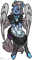 Size: 1858x3494 | Tagged: safe, artist:atryl, derpibooru import, oc, oc:long jump, unofficial characters only, anthro, pegasus, unguligrade anthro, artificial wings, augmented, barstool, clothes, crossdressing, eyes closed, high res, image, maid, male, png, simple background, sitting, smiling, solo, transparent background, wings