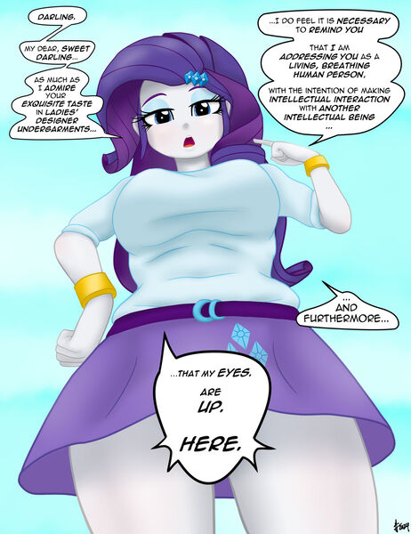 Size: 1280x1663 | Tagged: suggestive, artist:lennondash, derpibooru import, rarity, human, equestria girls, 2d, breasts, busty rarity, clothes, dialogue, diamond, eyeshadow, female, g4, gold, hairclip, hand on hip, image, jewelry, jpeg, legs, lidded eyes, looking at you, looking down, looking down at you, looking up, low angle, makeup, offscreen character, open mouth, outdoors, skirt, sky, thighs, underboob, word bubble, wrist cuffs