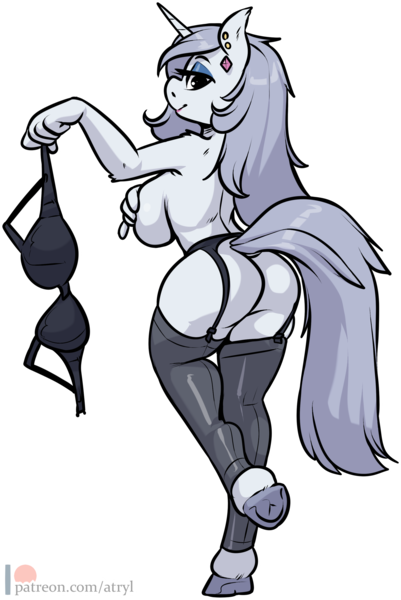 Size: 2094x3137 | Tagged: questionable, artist:atryl, derpibooru import, oc, oc:platinum decree, unofficial characters only, anthro, pony, unguligrade anthro, unicorn, anthro oc, arm fluff, ass, bedroom eyes, big breasts, bra, breasts, butt, clothes, covering, covering breasts, dock, ear piercing, earring, female, garter belt, high res, horn, image, jewelry, looking at you, looking back, looking back at you, mare, milf, outline, patreon, patreon logo, piercing, png, raised leg, raised tail, shoulder fluff, simple background, smiling, socks, solo, solo female, stockings, tail, thigh highs, transparent background, underhoof, underwear, undressing, white outline