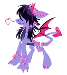 Size: 1648x1860 | Tagged: safe, artist:webkinzworldz, derpibooru import, part of a set, oc, unnamed oc, unofficial characters only, dracony, dragon, hybrid, original species, pony, ambiguous gender, big ears, black mane, claws, colored belly, colored horns, colored pinnae, colored wings, dracony oc, fangs, frown, gem, gemstones, hair over eyes, heart tail, huff, image, long mane, multicolored mane, paws, png, profile, purple coat, shiny hoof, solo, spread wings, standing, two toned wings, wings