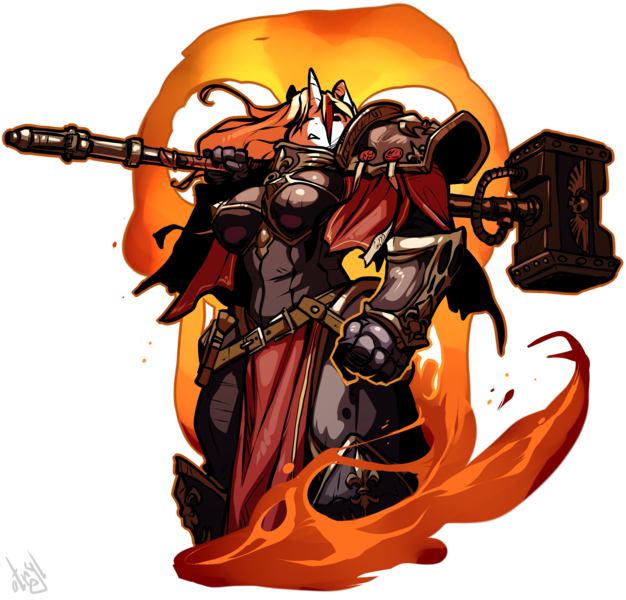 Size: 2660x2548 | Tagged: safe, artist:atryl, derpibooru import, oc, oc:vibrant fury, unofficial characters only, anthro, unicorn, adeptus sororitas, armor, female, fire, hammer, high res, horn, image, png, power armor, simple background, solo, transparent background, war hammer, warhammer (game), warhammer 40k, weapon