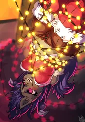 Size: 2800x4000 | Tagged: safe, artist:atryl, derpibooru import, oc, oc:dusk rhine, unofficial characters only, anthro, bat pony, pony, blushing, bondage, christmas, christmas lights, christmas tree, clothes, clumsy, dangling, female, high res, holiday, image, mare, png, rule 63, socks, solo, tangled up, thigh highs, tree, upside down