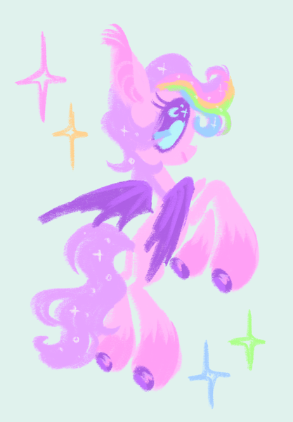 Size: 1390x2000 | Tagged: safe, artist:webkinzworldz, derpibooru import, oc, oc:cosmic dawn (webkinzworldz), unofficial characters only, bat pony, pony, bat pony oc, bat wings, big eyes, blue eyes, coat markings, colored hooves, colored pinnae, curly mane, curly tail, ear tufts, eyelashes, gray background, image, long mane, long mane male, long tail, looking back, male, multicolored hair, multicolored mane, partially open wings, pink coat, png, purple mane, purple tail, rainbow hair, rearing, shiny hoof, simple background, slender, socks (coat marking), solo, sparkles, sparkly eyes, sparkly mane, sparkly tail, stallion, tail, thin, wingding eyes, wings