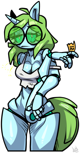 Size: 1627x3127 | Tagged: safe, artist:atryl, derpibooru import, oc, oc:lexxi, unofficial characters only, anthro, robot, unicorn, :|, breasts, cleavage, female, glasses, high res, horn, image, png, severed arm, severed limb, simple background, solo, tired, transparent background