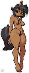 Size: 1427x3494 | Tagged: suggestive, artist:atryl, derpibooru import, oc, oc:flow, unofficial characters only, anthro, earth pony, unguligrade anthro, arm behind back, bikini, clothes, female, high res, image, lidded eyes, micro bikini, png, simple background, smiling, solo, solo female, swimsuit, transparent background