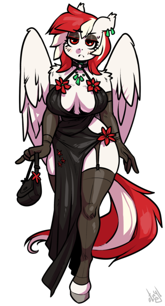 Size: 1843x3412 | Tagged: safe, artist:atryl, derpibooru import, oc, oc:array, unofficial characters only, anthro, pegasus, unguligrade anthro, :c, absolute cleavage, bag, breasts, cleavage, clothes, dress, frown, garter belt, handbag, image, png, shoulder fluff, side slit, socks, solo, stockings, thigh highs, total sideslit