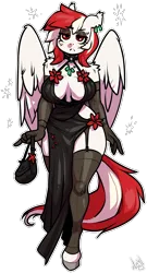 Size: 1843x3412 | Tagged: safe, artist:atryl, derpibooru import, oc, oc:array, unofficial characters only, anthro, pegasus, unguligrade anthro, :c, absolute cleavage, bag, breasts, cleavage, clothes, dress, frown, garter belt, handbag, image, png, shoulder fluff, side slit, socks, solo, stockings, thigh highs, total sideslit