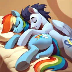 Size: 4096x4096 | Tagged: safe, ai content, derpibooru import, machine learning generated, prompter:*rainbow dash*, stable diffusion, rainbow dash, soarin', bed, embrace, female, folded wings, g4, generator:purplesmart.ai, image, male, png, shipping, sleeping, soarindash, straight, wings