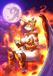 Size: 2800x4000 | Tagged: suggestive, artist:atryl, derpibooru import, daybreaker, alicorn, anthro, unguligrade anthro, armor, big breasts, breasts, busty daybreaker, cleavage, commission, female, fire, full moon, g4, gauntlet, hand wraps, high res, image, lidded eyes, mane of fire, mare in the moon, moon, night, png, signature, sitting, solo, solo female, unconvincing armor, wing armor, wings