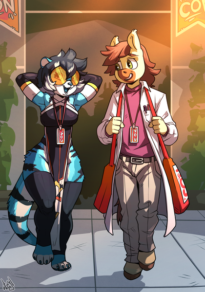 Size: 2800x4000 | Tagged: safe, artist:atryl, derpibooru import, oc, oc:calpain, unofficial characters only, anthro, big cat, earth pony, tiger, unguligrade anthro, badge, bag, clothes, con badge, convention, cosplay, costume, duo, female, furry, high res, image, male, png, talking