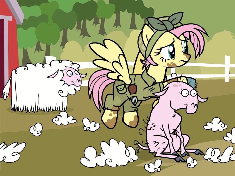Size: 2048x1536 | Tagged: safe, derpibooru import, official, fluttershy, pegasus, pony, sheep, the cutie re-mark, .svg available, alternate hairstyle, alternate timeline, apocalypse fluttershy, black outlines, budge studios, clothes, crystal war timeline, dirty, female, image, jumpsuit, mare, my little pony color by magic, png, shearing, shears, short mane, solo, spread wings, vector, wings, wool