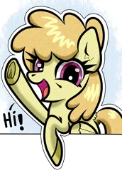Size: 1100x1600 | Tagged: safe, artist:scandianon, derpibooru import, toffee swirl, pegasus, pony, female, image, looking at you, mare, open mouth, open smile, png, smiling, talking to viewer, waving