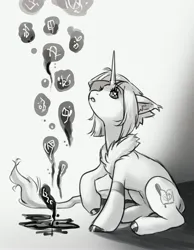 Size: 2707x3483 | Tagged: safe, artist:opalacorn, derpibooru import, oc, oc:morning mist, unofficial characters only, pony, unicorn, black and white, commission, grayscale, horn, image, jpeg, leonine tail, looking at something, looking up, monochrome, simple background, solo, tail, white background