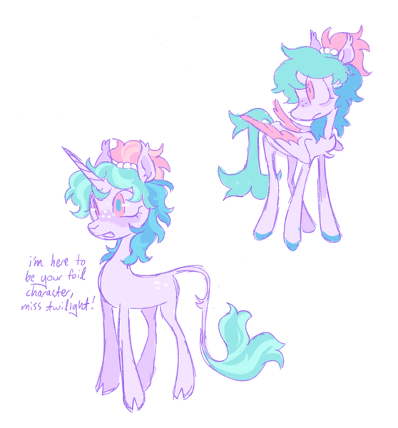 Size: 1420x1528 | Tagged: safe, derpibooru import, oc, oc:moonflower (webkinzworldz), unofficial characters only, pegasus, pony, unicorn, blushing, body freckles, chest fluff, cloven hooves, colored pinnae, colored pupils, colored wings, colored wingtips, duality, ear fluff, ear tufts, eyelashes, female, folded wings, freckles, frown, green tail, horn, image, implied twilight sparkle, long horn, long legs, mare, multicolored mane, open mouth, open smile, pegasus oc, pink eyes, png, ponytail, profile, purple coat, simple background, slender, smiling, solo, tail, tail fluff, thin, tied mane, two toned tail, two toned wings, unicorn horn, unicorn oc, white background, wingding eyes, wings