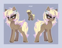 Size: 2571x2000 | Tagged: safe, artist:_spacemonkeyz_, derpibooru import, oc, oc:angel, unofficial characters only, pegasus, pony town, butt freckles, colored wings, feathered fetlocks, flower, flower in hair, freckles, image, multicolored wings, passepartout, png, reference sheet, solo, wings