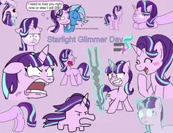 Size: 6500x5000 | Tagged: safe, artist:sketchyboi25, derpibooru import, starlight glimmer, trixie, pony, unicorn, :i, colored background, cutie mark, doodle, equal cutie mark, female, horn, i mean i see, image, jpeg, lesbian, long glimmer, long pony, mare, multiple, quiet, shipping, smol, staff, staff of sameness, starlight glimmer day, startrix, vein bulge