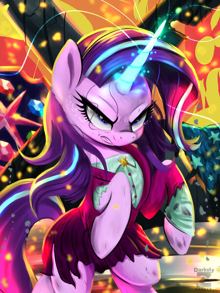 Size: 1696x2261 | Tagged: safe, artist:darksly, derpibooru import, starlight glimmer, pony, unicorn, angry, bipedal, clothes, crying, female, glow, glowing horn, gritted teeth, headmare starlight, horn, image, jpeg, looking at something, magic, mare, solo, standing, standing on two hooves, teeth