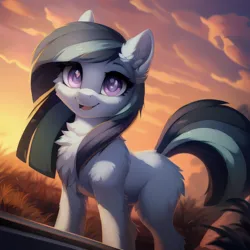 Size: 1536x1536 | Tagged: safe, ai content, derpibooru import, machine learning generated, prompter:seashell, stable diffusion, marble pie, pony, bust, chest fluff, ear fluff, female, g4, image, looking at you, mare, nature, outdoors, png, sky, smiling, smiling at you, solo, sunset, tail, two toned mane, two toned tail