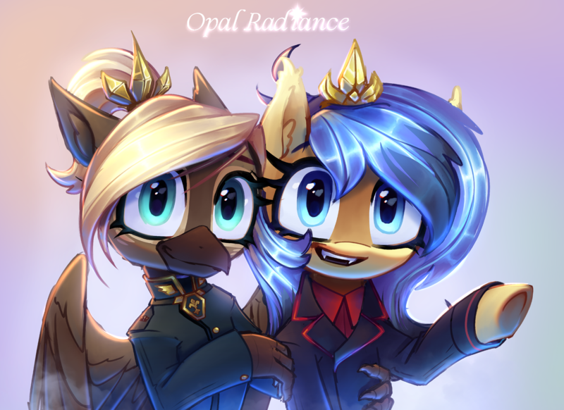 Size: 2953x2148 | Tagged: safe, artist:opal_radiance, derpibooru import, oc, oc:skyé, oc:vivienne discret, unofficial characters only, earth pony, gryphon, pony, equestria at war mod, big head, clothes, commission, duo, duo female, female, gradient background, high res, image, looking at you, open mouth, partially open wings, png, pointing, raised hoof, smiling, text, wings
