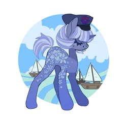 Size: 1153x1090 | Tagged: safe, artist:cutesykill, artist:kkillpony, derpibooru import, oc, oc:seaflower (cutesykill), pony, unicorn, big ears, blue coat, blue mane, blue tail, bob, captain hat, cloud, coat markings, colored eyelashes, concave belly, day, eyes closed, female, freckles, hat, horn, image, long legs, mare, ocean, png, profile, sailboat, short mane, short tail, simple background, slender, smiling, tail, thick eyelashes, thin, two toned mane, two toned tail, unicorn oc, water, white background