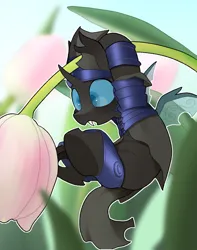 Size: 2100x2661 | Tagged: safe, artist:mochi_nation, derpibooru import, oc, unofficial characters only, changeling, armor, changeling oc, commission, flower, hanging, image, jpeg, micro, open mouth, solo, tulip, ych result