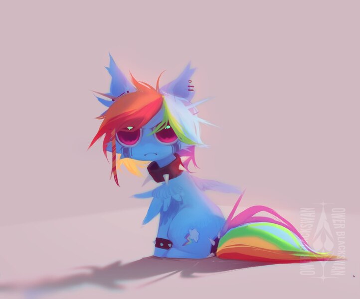 Size: 1280x1063 | Tagged: safe, artist:blcksswn, derpibooru import, rainbow dash, pegasus, pony, :<, abstract background, alternate hairstyle, angry, big eyes, bracelet, collar, ear fluff, ear piercing, ear tufts, earring, emo, female, frown, g4, gauges, image, industrial piercing, jewelry, jpeg, looking at you, looking back, looking back at you, makeup, mare, messy mane, multicolored hair, multicolored mane, multicolored tail, narrowed eyes, piercing, pink eyes, rainbow dash is not amused, rainbow hair, rainbow tail, running makeup, shadow, short hair rainbow dash, short mane, signature, sitting, small wings, smoldash, solo, spiked collar, spiked wristband, spread wings, tail, tied tail, unamused, watermark, wingding eyes, wings, wristband