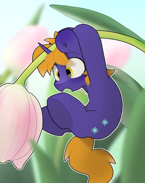Size: 2100x2661 | Tagged: safe, artist:mochi_nation, derpibooru import, oc, unofficial characters only, pony, unicorn, commission, flower, hanging, horn, image, jpeg, male, micro, solo, stallion, tiny, tiny ponies, tulip, underhoof, ych result