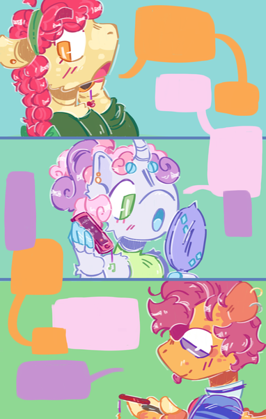 Size: 1223x1920 | Tagged: safe, artist:tottallytoby, derpibooru import, apple bloom, scootaloo, sweetie belle, anthro, earth pony, pegasus, pony, unicorn, alternate color palette, alternate design, alternate hairstyle, arm fluff, beanbrows, blushing, braid, braided ponytail, chest fluff, clothes, colored ears, colored eartips, colored eyebrows, colored muzzle, colored pinnae, colored tongue, comic strip, curly mane, curved horn, cutie mark crusaders, dialogue box, ear fluff, ear piercing, earring, eye clipping through hair, eyebrows, eyebrows visible through hair, facial markings, female, g4, green eyes, hair bun, hand mirror, headband, hoof hands, horn, image, jewelry, long sleeves, looking back, looking down, mare, mirror, older, older apple bloom, older cmc, older scootaloo, older sweetie belle, open mouth, orange coat, orange eyes, phone, phone call, piercing, png, ponytail, profile, purple eyes, purple mane, red mane, short mane, shoulder fluff, shoulderless, splotches, talking, texting, tongue out, trio, trio female, two toned mane, unicorn horn, wall of tags, white coat, wingding eyes, yellow coat