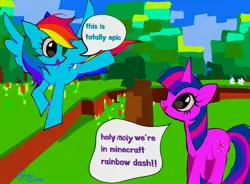 Size: 2048x1504 | Tagged: safe, artist:petaltwinkle, derpibooru import, twilight sparkle, pegasus, pony, unicorn, dialogue, female, flying, g4, horn, image, jpeg, looking at each other, looking at someone, mare, minecraft, open mouth, open smile, smiling, speech bubble, spread wings, unicorn twilight, wings