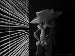 Size: 4000x3000 | Tagged: safe, artist:calebpedigo, derpibooru import, rarity, pony, unicorn, black and white, blinds, bust, clothes, coat, detective rarity, female, g4, grayscale, hat, high res, horn, image, looking out the window, mare, monochrome, noir, png, solo, window blinds