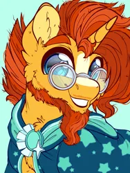 Size: 1800x2400 | Tagged: safe, artist:missbramblemele, derpibooru import, sunburst, pony, unicorn, beard, bust, cloak, clothes, coat markings, colored, digital art, facial hair, flat colors, fluffy, g4, horn, image, jpeg, looking at you, male, messy hair, paint tool sai, portrait, smiling, smiling at you, solo, stallion, stars, wizard