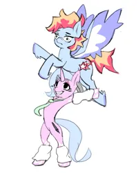 Size: 1017x1272 | Tagged: safe, artist:chiefywiffy, derpibooru import, oc, oc:chiefy, pegasus, unicorn, belly, bipedal, clothes, concave belly, ear piercing, epic wife tossing, horn, image, leg warmers, necktie, piercing, png, simple background, spread wings, white background, wings