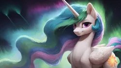 Size: 1920x1080 | Tagged: safe, ai content, derpibooru import, machine learning generated, prompter:truekry, stable diffusion, princess celestia, alicorn, pony, aurora borealis, g4, generator:pony diffusion v6 xl, high res, horn, image, looking at you, png, smiling, smiling at you, wallpaper, wings