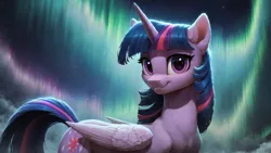 Size: 2560x1440 | Tagged: safe, ai content, derpibooru import, machine learning generated, prompter:truekry, stable diffusion, twilight sparkle, twilight sparkle (alicorn), alicorn, pony, aurora borealis, g4, generator:pony diffusion v6 xl, high res, horn, image, looking at you, png, smiling, smiling at you, wallpaper, wings